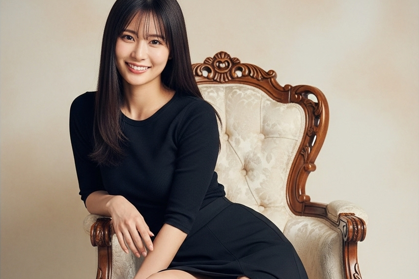 高級な椅子に座っている黒ワンピースをまとった女性のポートレート