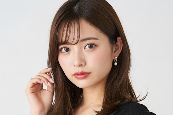 可愛げなピアスをして、白いネイルをして不思議そうにこちらを見ている女性のポートレート