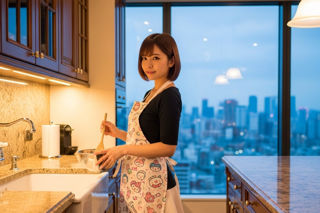 キッチンで食事を作ってくれている女性のポートレート画像