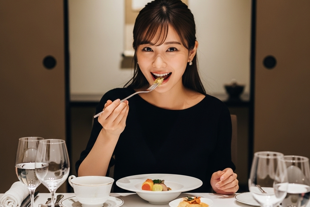 笑顔でおいしいおいしいと言いながらほおばっている女性のポートレート