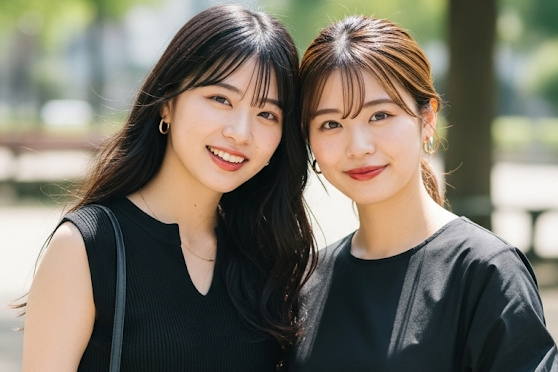 女性二人が頭をくっつけてこちらに笑顔で見ているポートレート