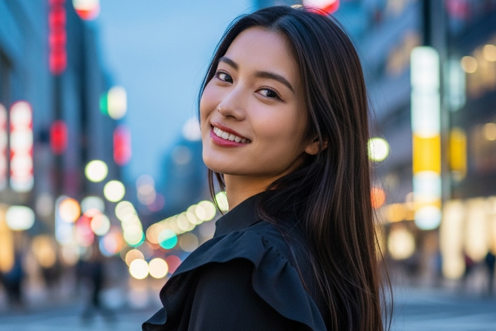 笑顔でこちらを振り向いている黒い服の女性