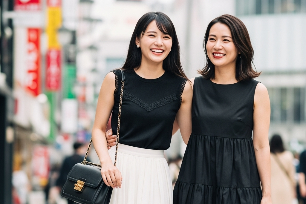 銀座を二人で笑顔で歩いている女性