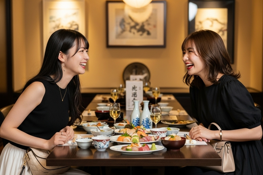 女性二人が打ち解けたように、笑顔で談笑している