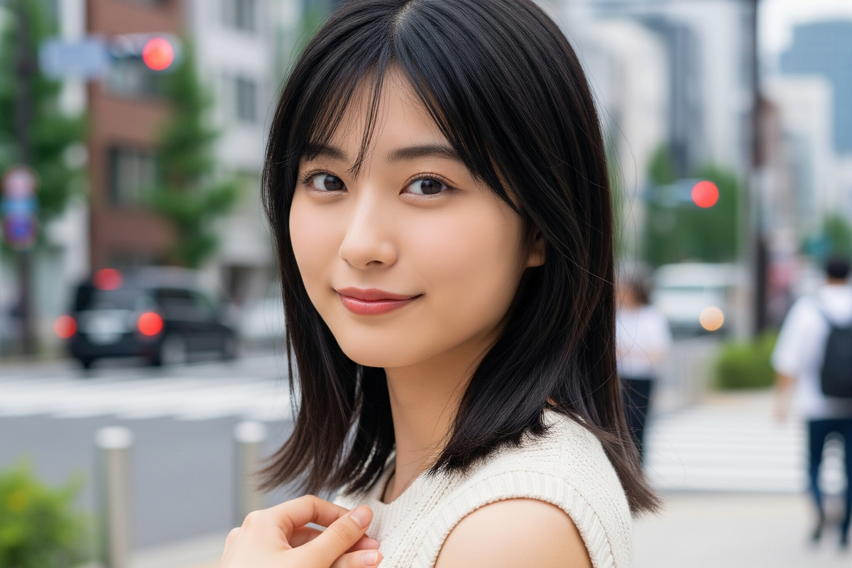 白いトップスで胸に手を当てている女性がこちらを見ている