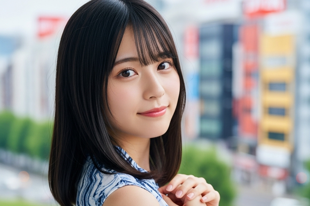 青のマーブルなデザインのトップスを着た女性が振り返りざまにこちらを見る