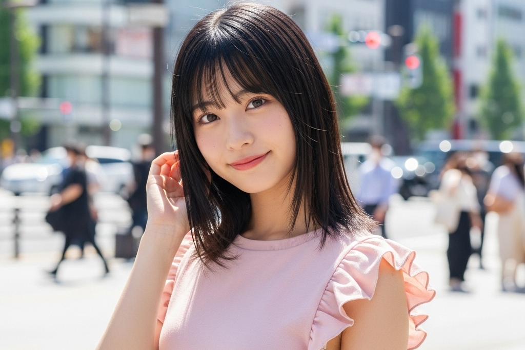 ピンク色のトップスを着て、セミロングの黒髪の女性が挨拶をしている