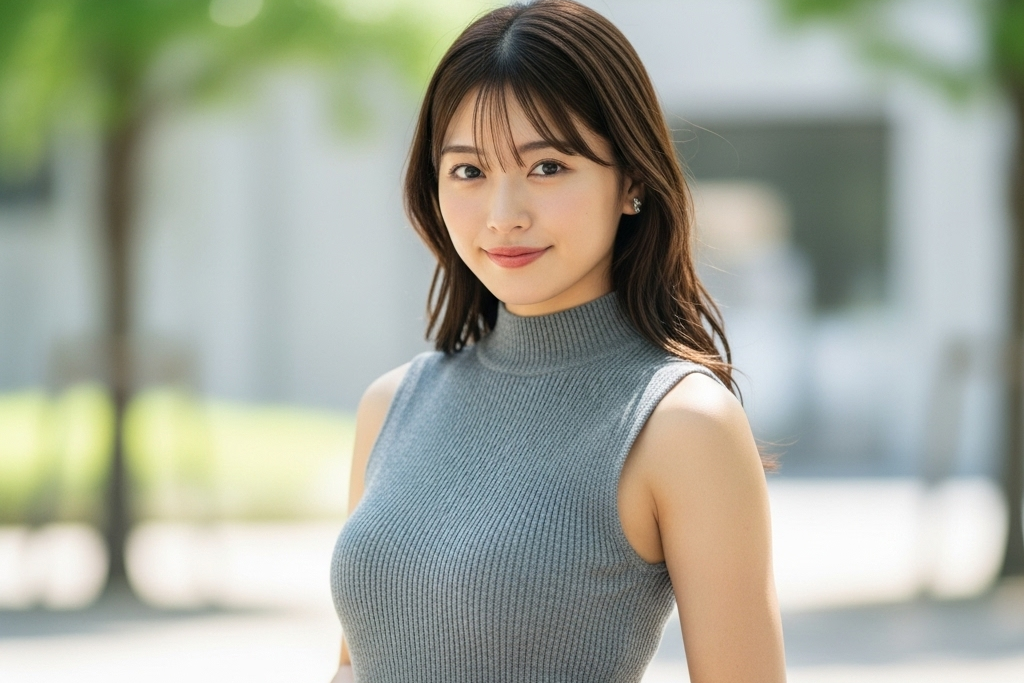 グレーのニット素材のトップスを着ている女性がこちらを見て笑顔でいる