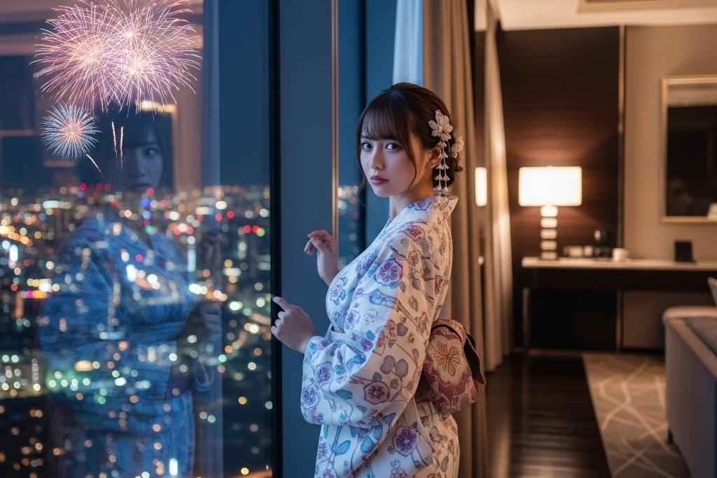 タワーマンションの窓から花火を見ている、かんざしも付けた浴衣の女性