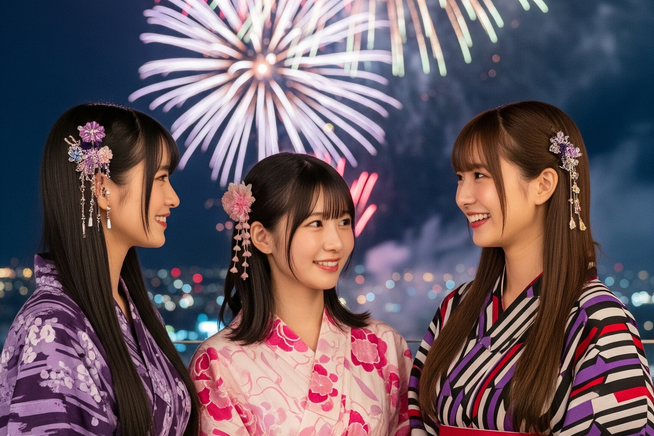 ベランダで打ち上げ花火を背景にして、談笑している浴衣姿の女性三人