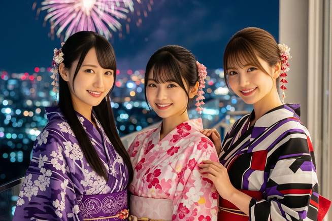 花火をバックに笑顔で浴衣姿の三人がこちらを見ている