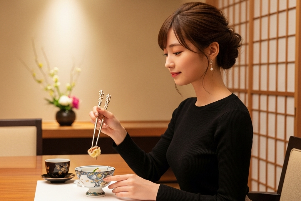 黒いセーターを着た女性が和食やで小鉢の料理を食べている