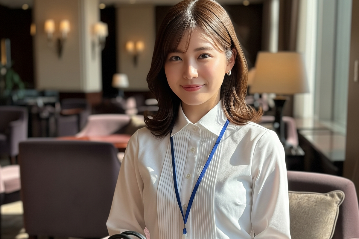 ワイシャツ姿に、ネームカードを首からかけているセミロングの女性