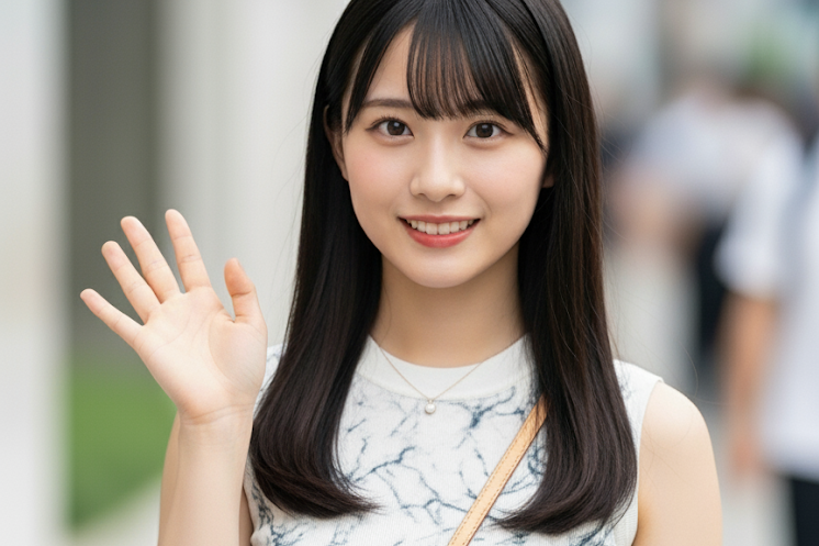 マーブルなデザインの服を着て、こちらに笑顔で手を振っている女性