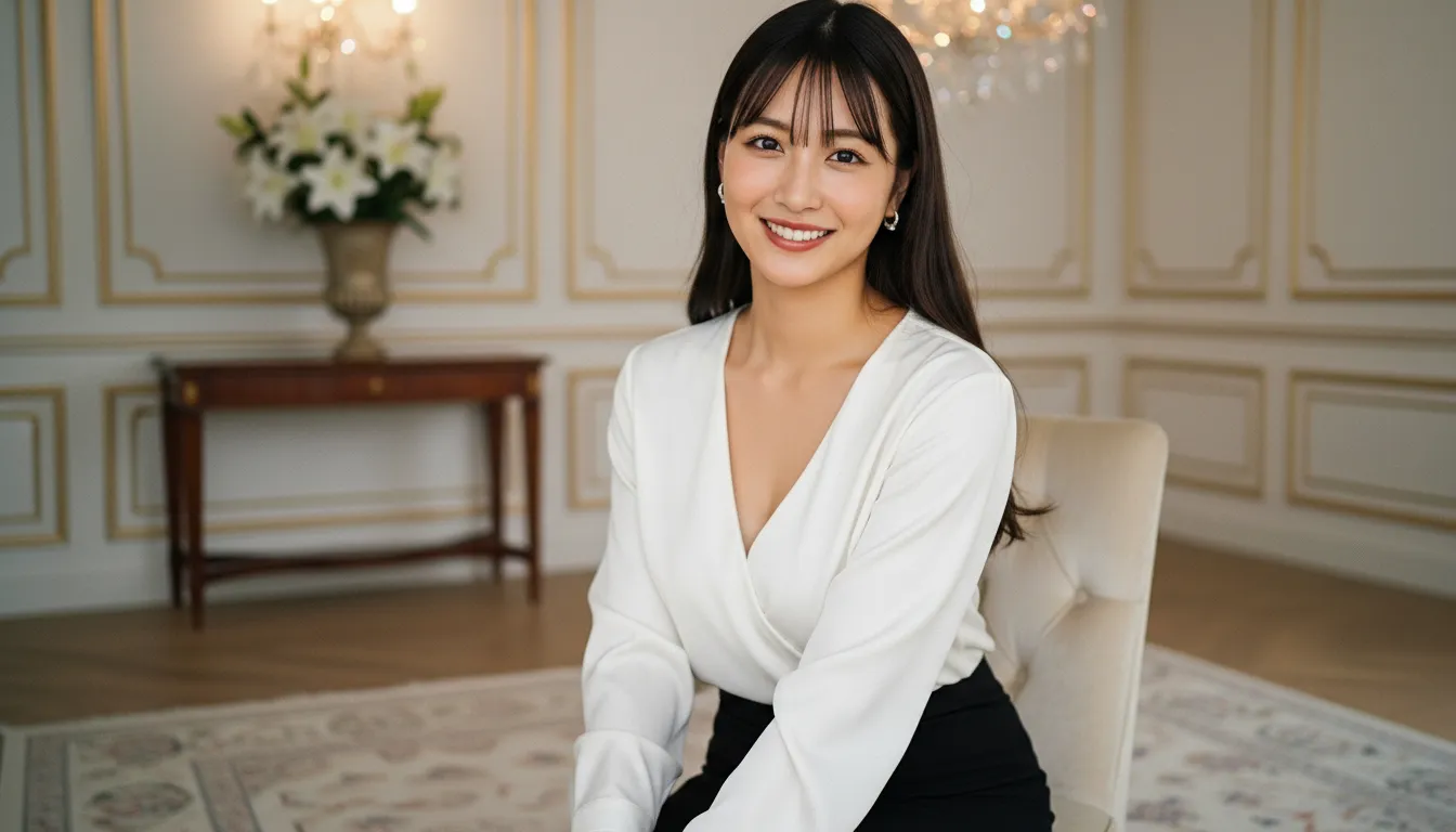 高級感待触れる部屋を背景に白いブラウスを着ている女性が座っている
