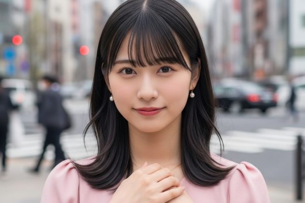 ピンクの服を着た女性がこちらを微笑みながら見ている