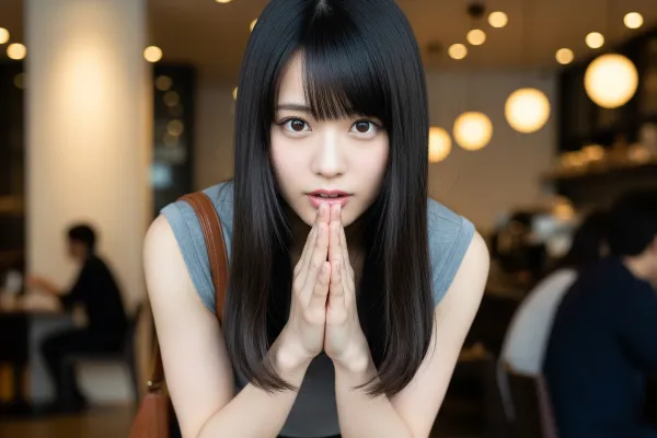 手のひらを合わせて謝罪している若い女性