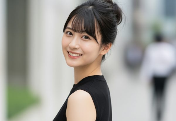 黒いノースリーブの服を着て、お団子頭の女性が振り返りざまに笑顔を見せている画像