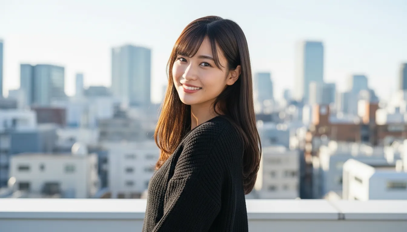 ビルの屋上で、都内を背景にして黒いニットを着た女性がこちらに微笑んでいるポートレート