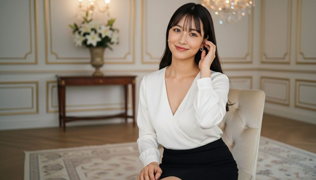 高級感待触れる部屋を背景に白いブラウスを着ている女性が座っている