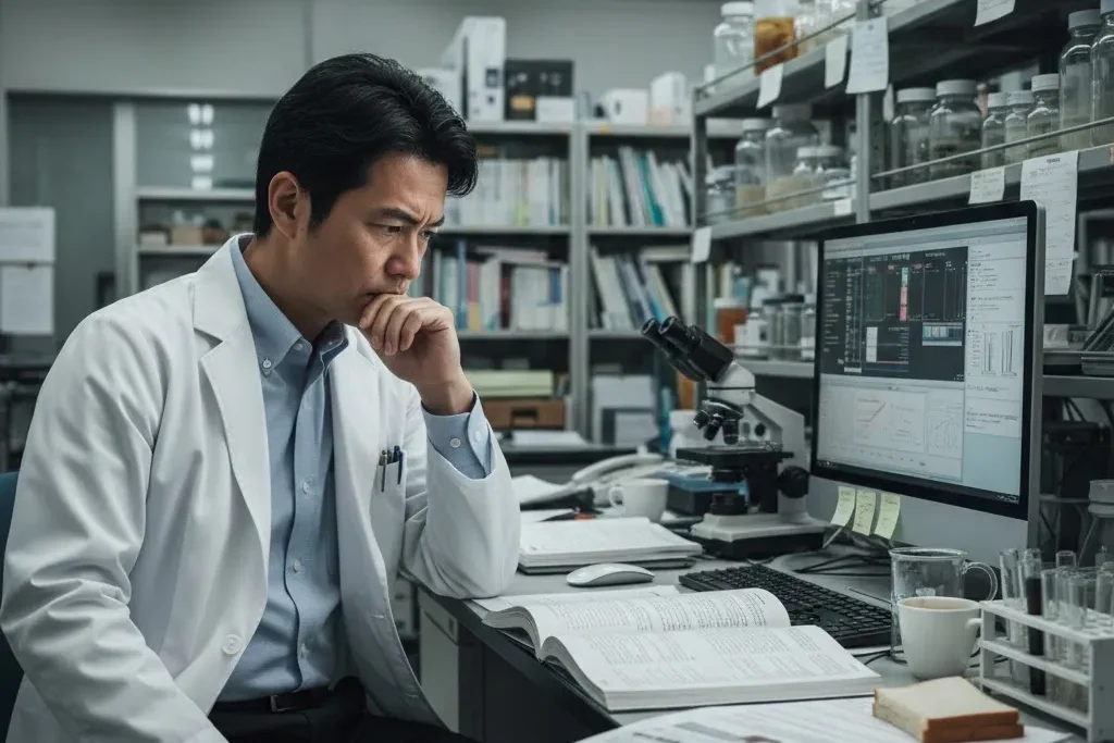 男性医師が自分の研究室で悩んでいるが画像