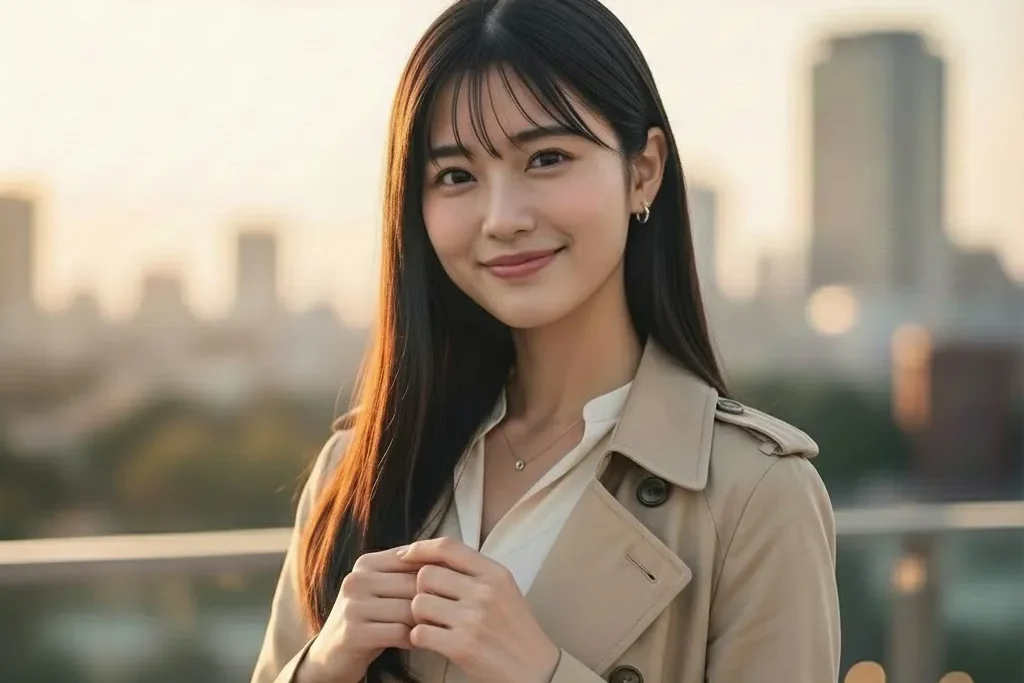 夕方の都会を背景にして屋上でベージュのトレンチコートを着た女性がこちらを見て笑顔になっている画像