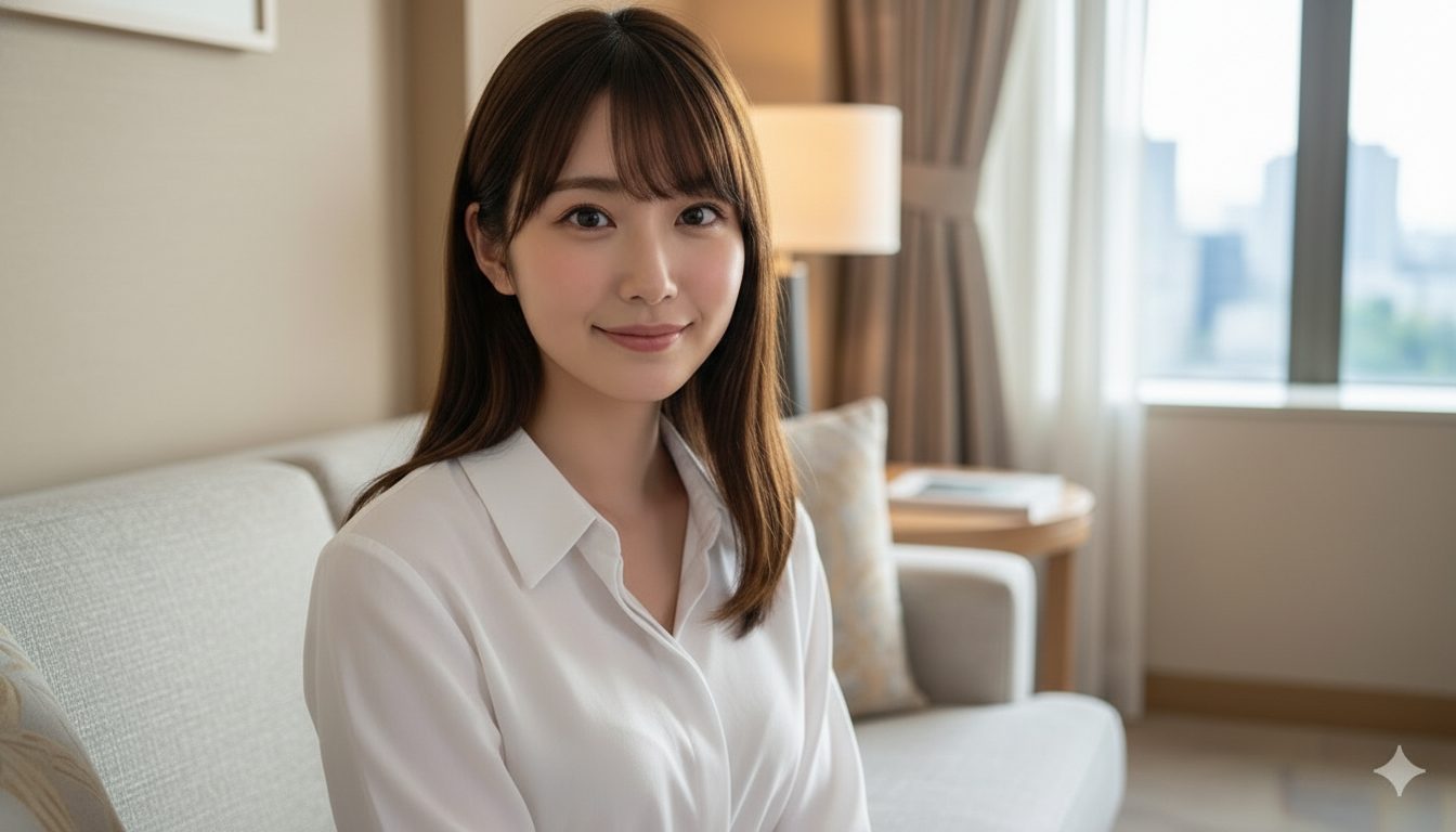 高級ホテルの一室で、ソファーに座っている白いワイシャツを着ている女性のポートレート
