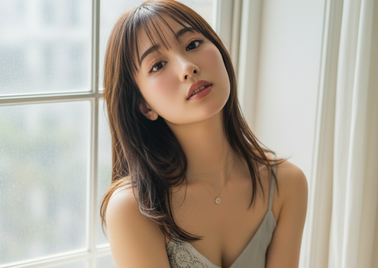 少しはだけたキャミソールの女性が、した目遣いでこちらを見ている