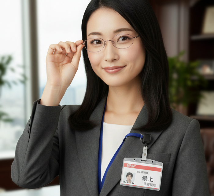 細いフレームの眼鏡をかけた女性が縁を持ってこちらを見て笑顔でいる