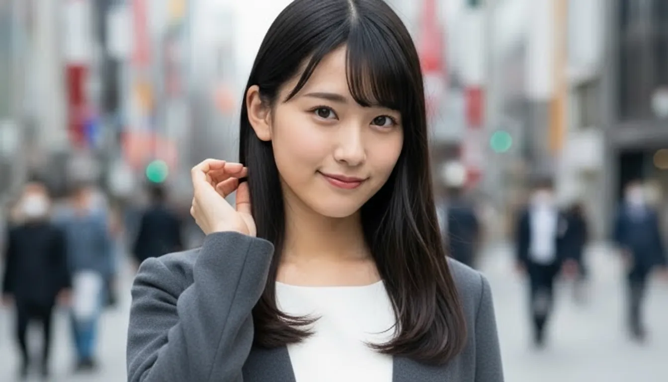 グレーのコートに白の清楚系な服装を着て、内巻きにしたロングな黒髪で右手で髪の毛を触っている女性のポートレート