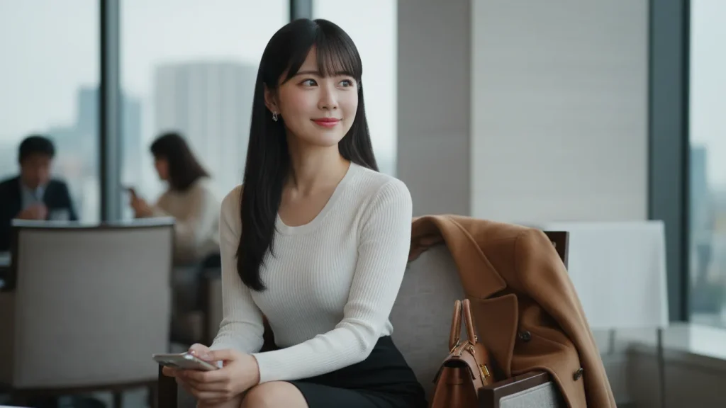 遠くを見つめながらホテルのラウンジで男性を待っている女性のポートレート