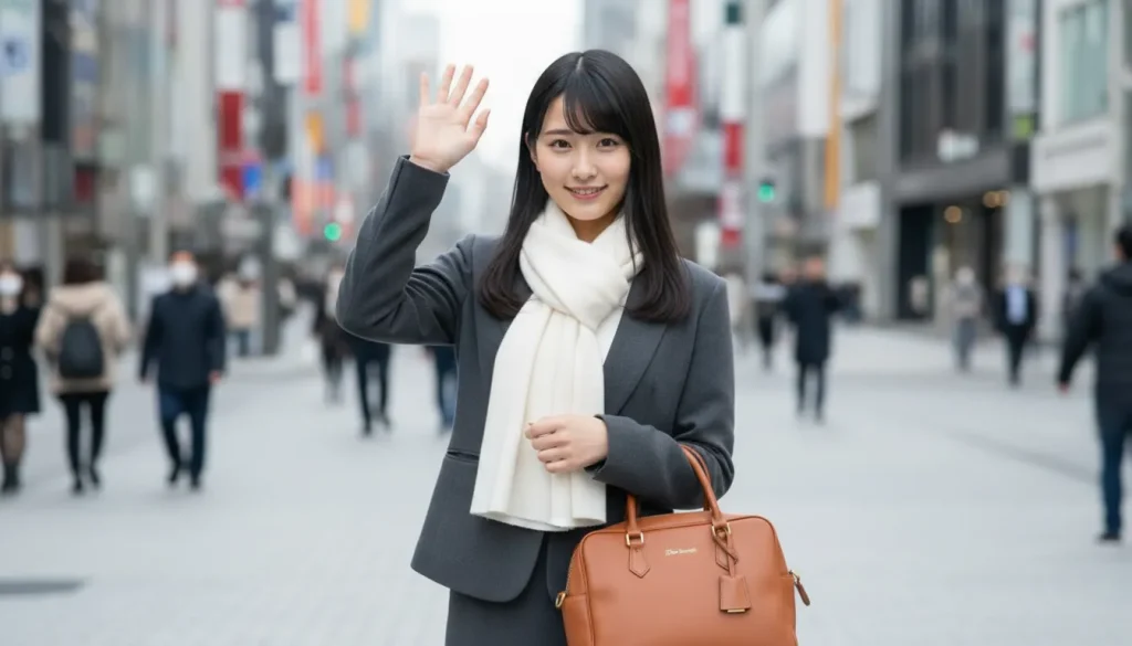 白いマフラーにグレーのショートコートを着ている清楚系女子が待ち合わせで手を振っている