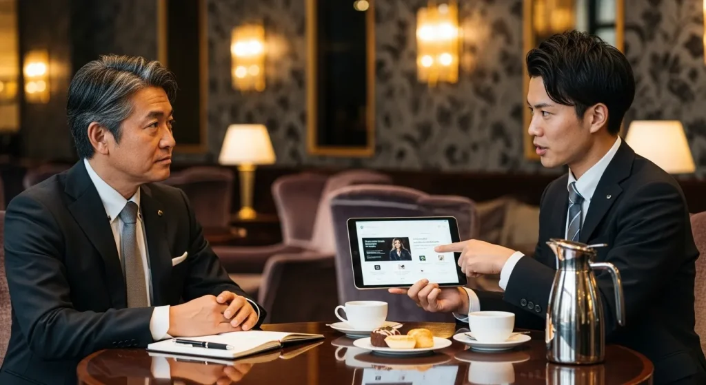 経営者の男性50代日本人と、交際クラブスタッフ30代男性清潔感溢れる日本人が高級ホテルのカフェ（奥行きのある高級感あふれる）で商談をしている様子
