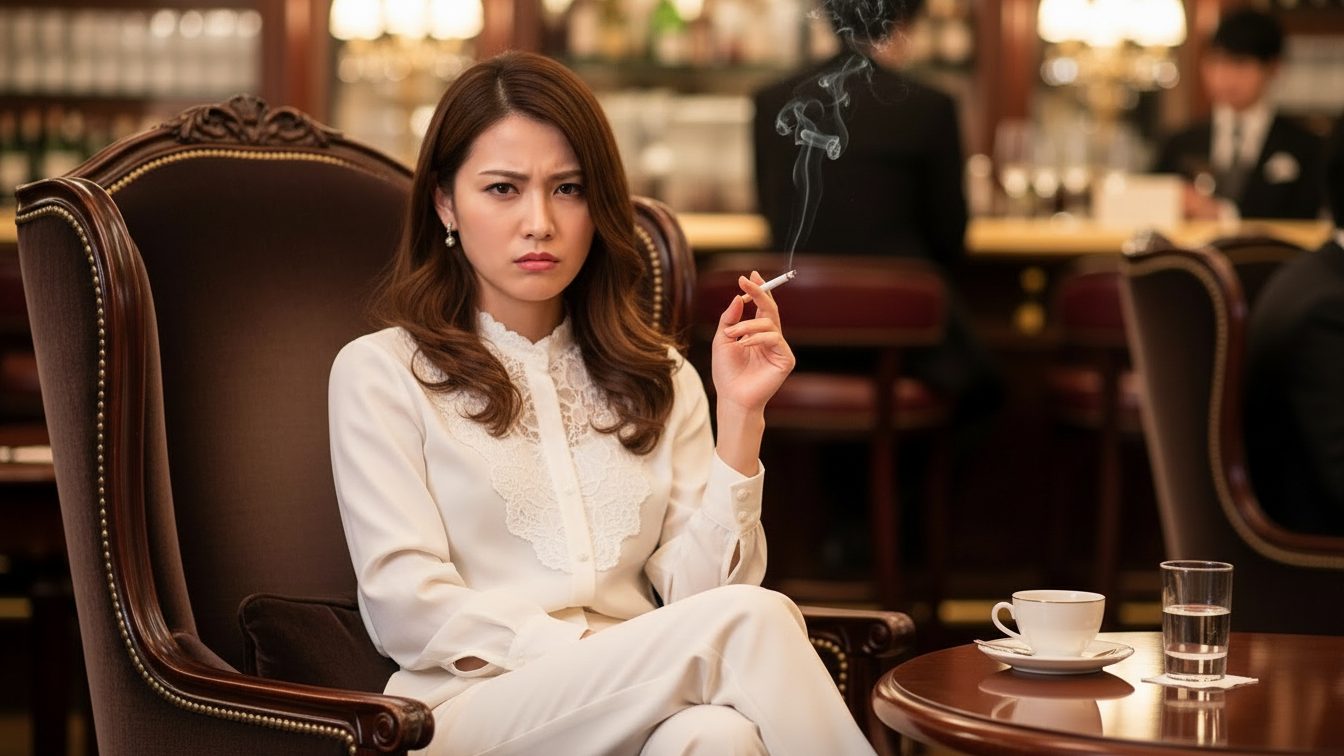 白い服装の女性が、高級LOUNGEのカフェで煙草を吸いながら、すごい剣幕でこちらを見ている