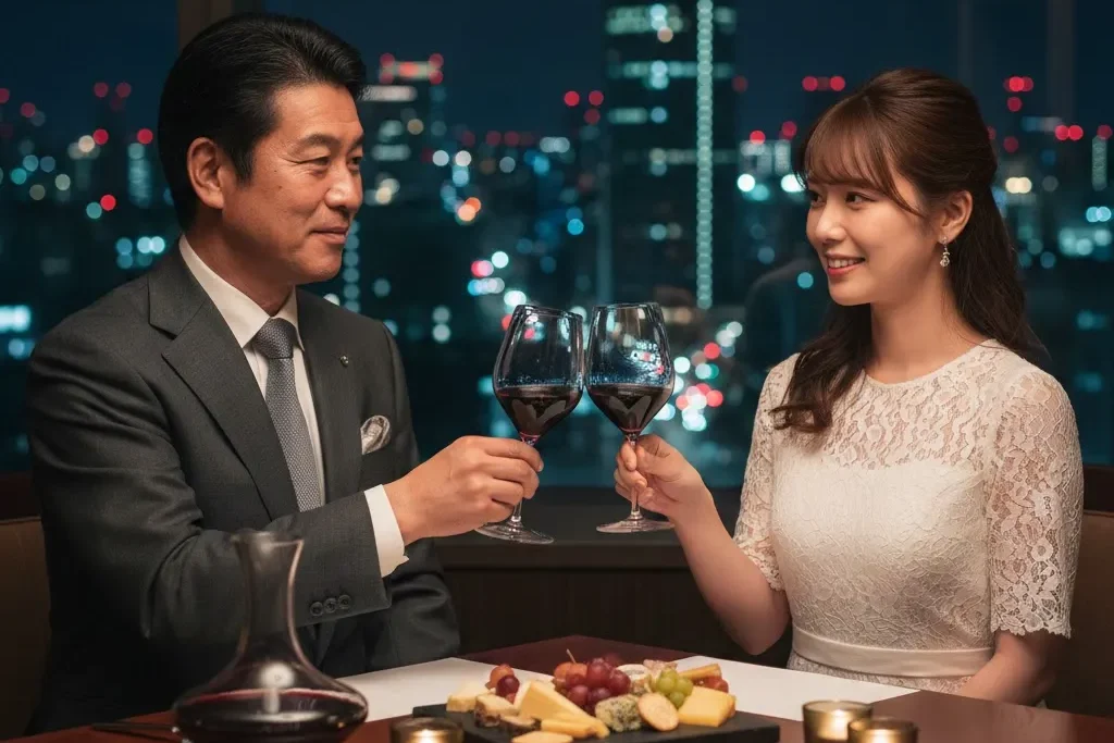 経営者の男性と若い女性が高層ビルにある夜景の見えるレストランでワインを乾杯している画像