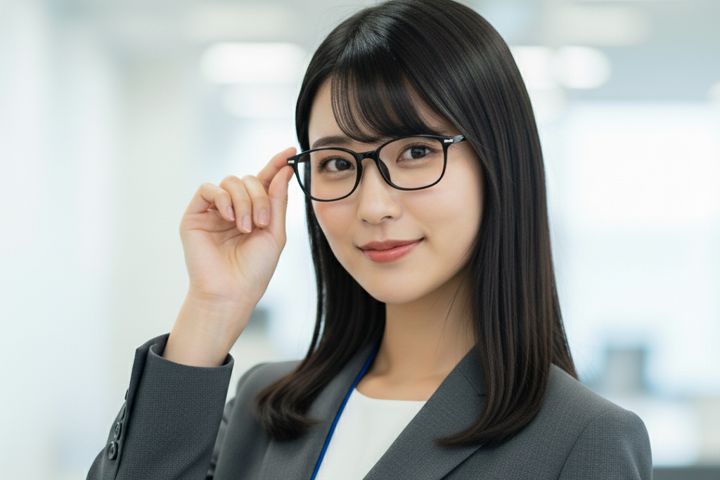 黒縁メガネのふちを持ってこちらを見ている秘書風な女性