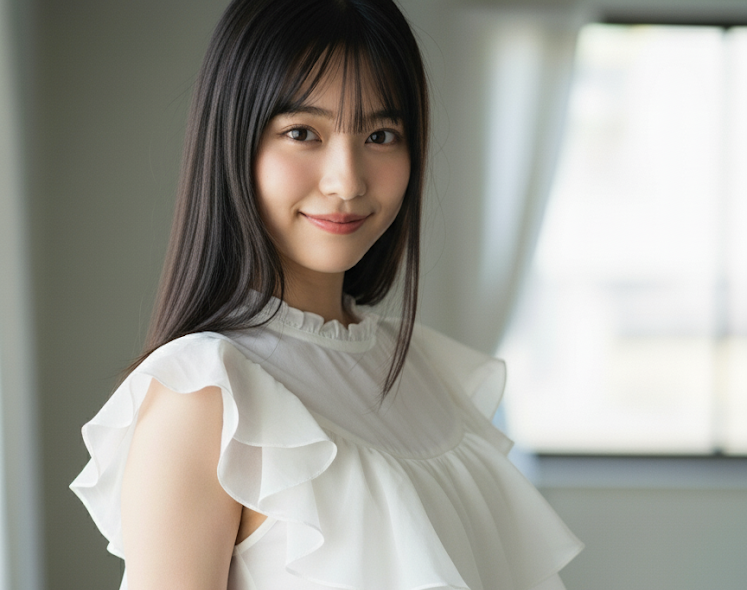 白のひらひらがついているトップスを身に纏った女性がこちらを見て笑顔になる