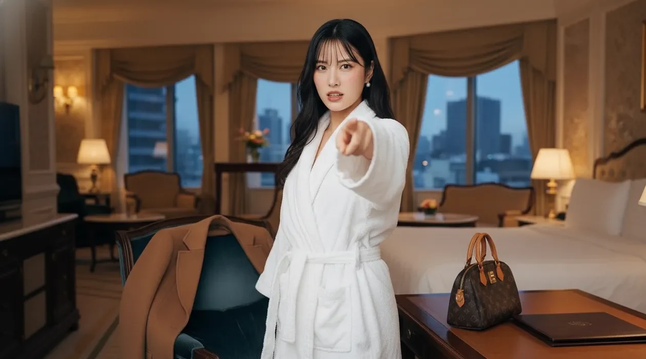 ホテル一室で女性が怒りに任せて指をさしてくる