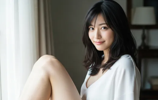 女性が部屋着でセクシーに両膝を挙げている状態のポートレート画像