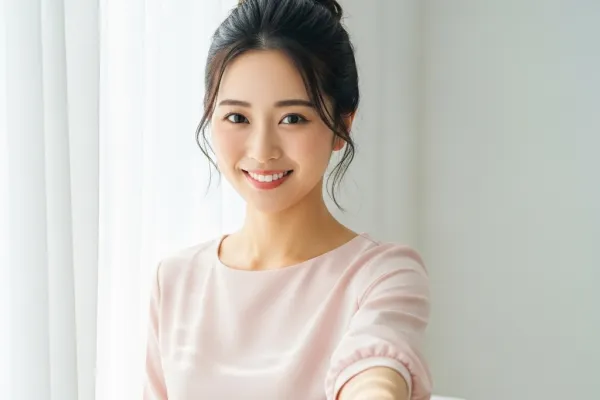 ピンク色のトップスを身にまとい、髪の毛をアップにしている女性が手を差し伸べているポートレート