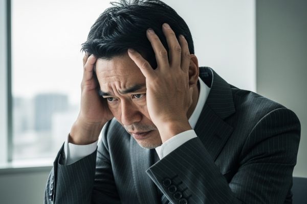 男性が、悩んでいて頭を抱えている画像