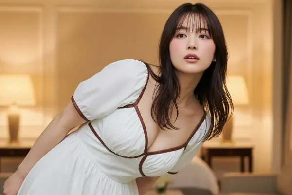 少し前かがみになりながら白いワンピースを着た女性が遠くの見ている画像