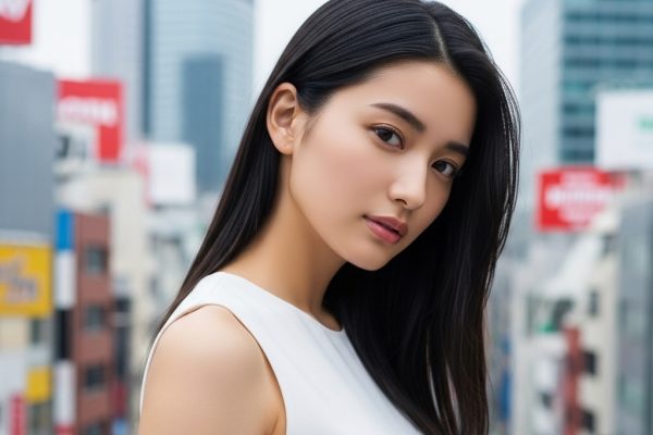 黒髪で白いトップスを身に纏っている女性が真剣な表情でこちらを見ているポートレート