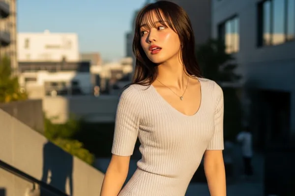 夕日の光を浴びて、目線をはずして周りを気にしている女性のポートレート