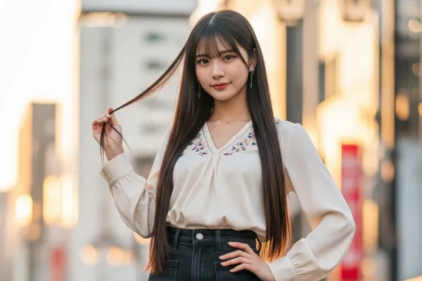 白のトップスにデニムのスカートを履いた女性のポートレート