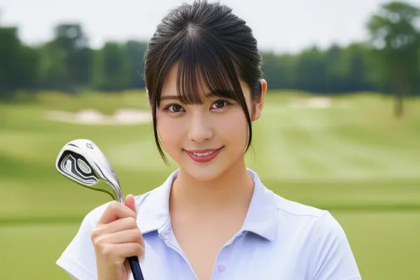 ゴルフ場でゴルフのアイアンを持って写真に写っている女性のポートレート