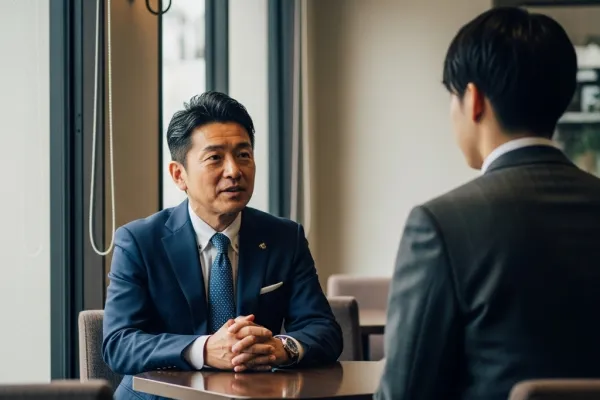 カフェで男性と、スタッフが対峙しているポートレート画像