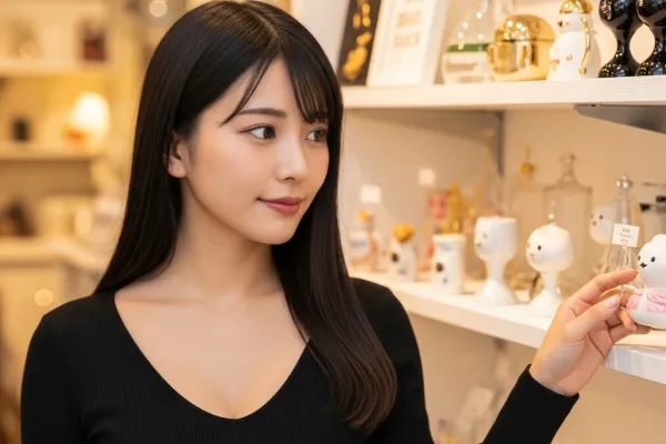 デートでかわいいインテリア雑貨で物色をしている女性のポートレート