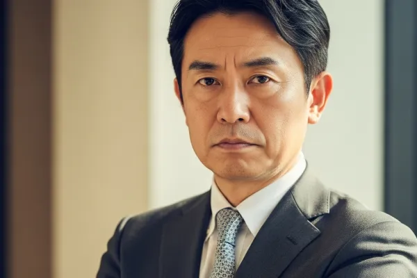 眉間にしわを寄せて威圧感を出している男性の画像