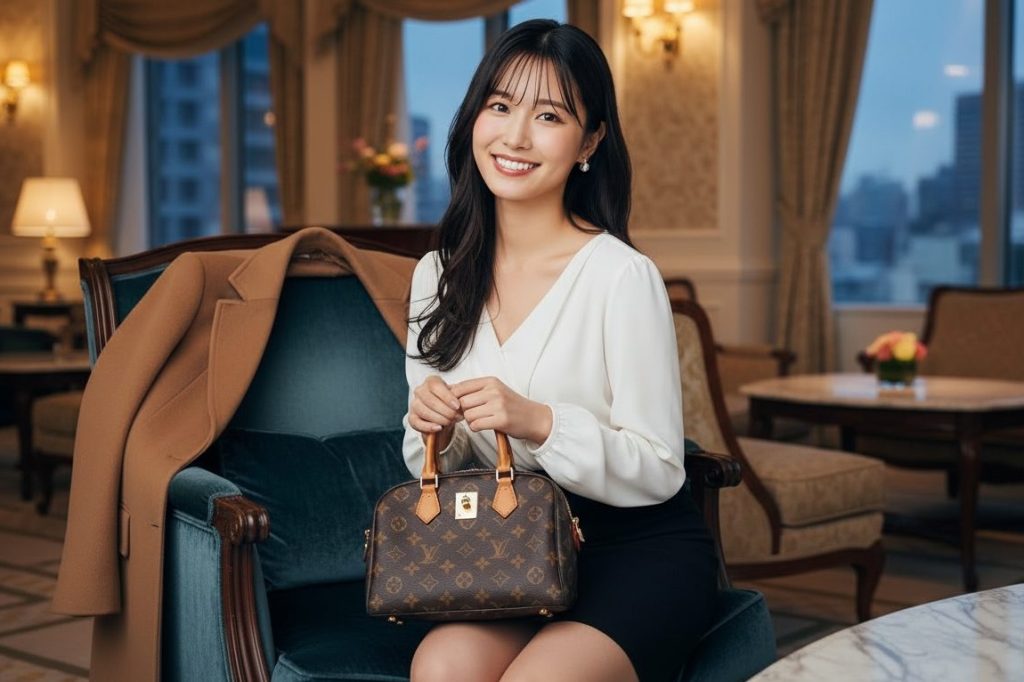 高級ホテルにあるラウンジの椅子に腰かけている白い服を着た女性がこちらを見て微笑んでいる